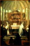 Картина, времен Реформации. Символическое изображение происходящего в церкви: Евхаристию, Крещение и проповедь.